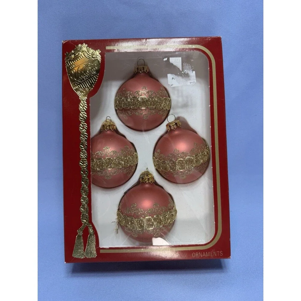 VTG Victoria Collection Christmas Ornaments  4 Pink Glass Gold Glitter
